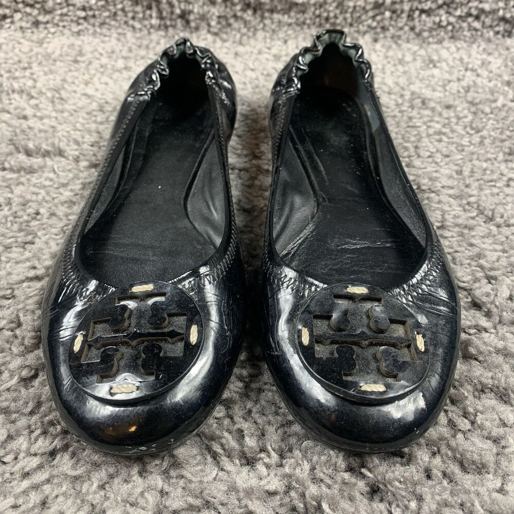 TORY BURCH Reva Ballerina Ballet Flats Black Patent Leather Size 8 M - Picture 1 of 8